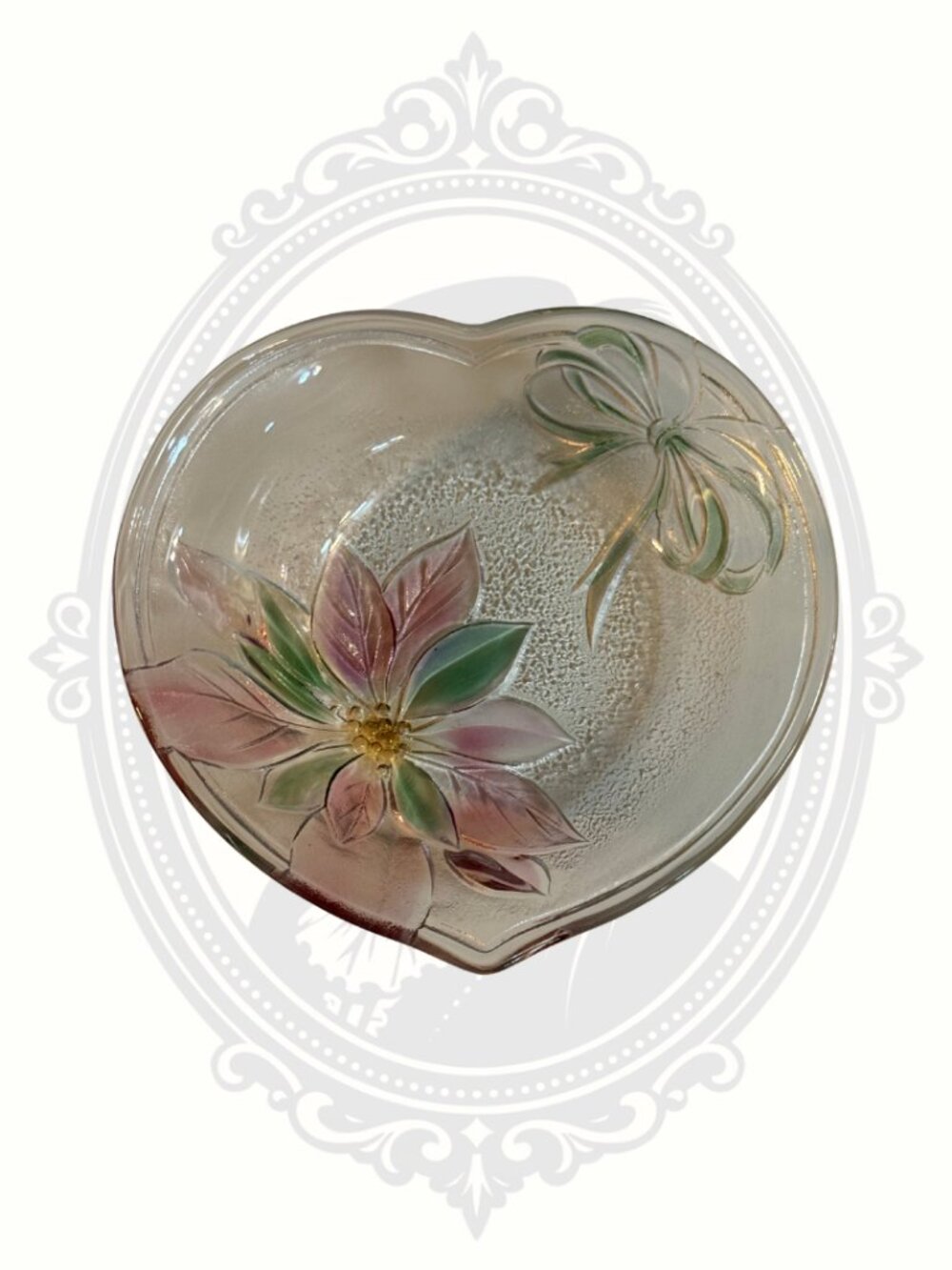 Vintage Floral Heart Glass Trinket Dish Frosted Candy Bowl - Picture 3 of 3